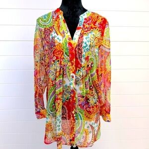 Soft Surroundings Tropical Paisley Flowy Boho Button Up Tunic Top Size Small